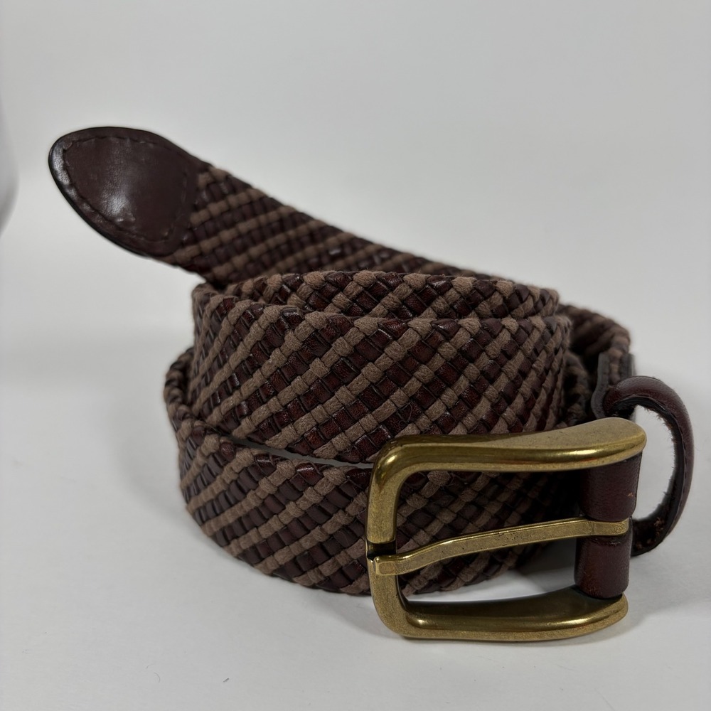 Brooks Brothers Mens Woven Leather Fabric Belt Size 36 Brown Tan Brass Buckle